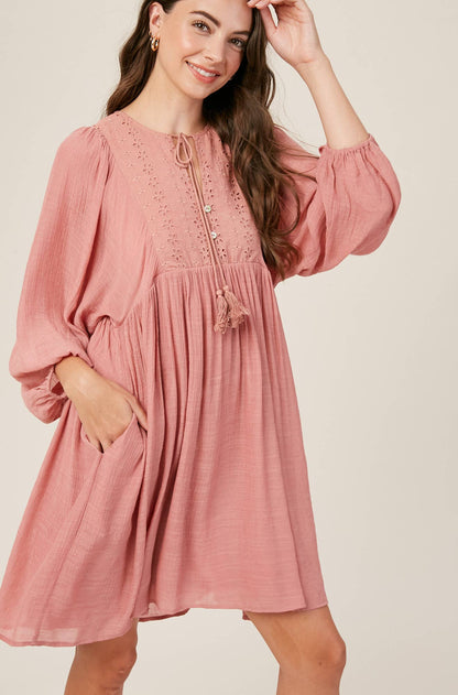 Listicle - Embroidered Tassel Tie Babydoll Dress
