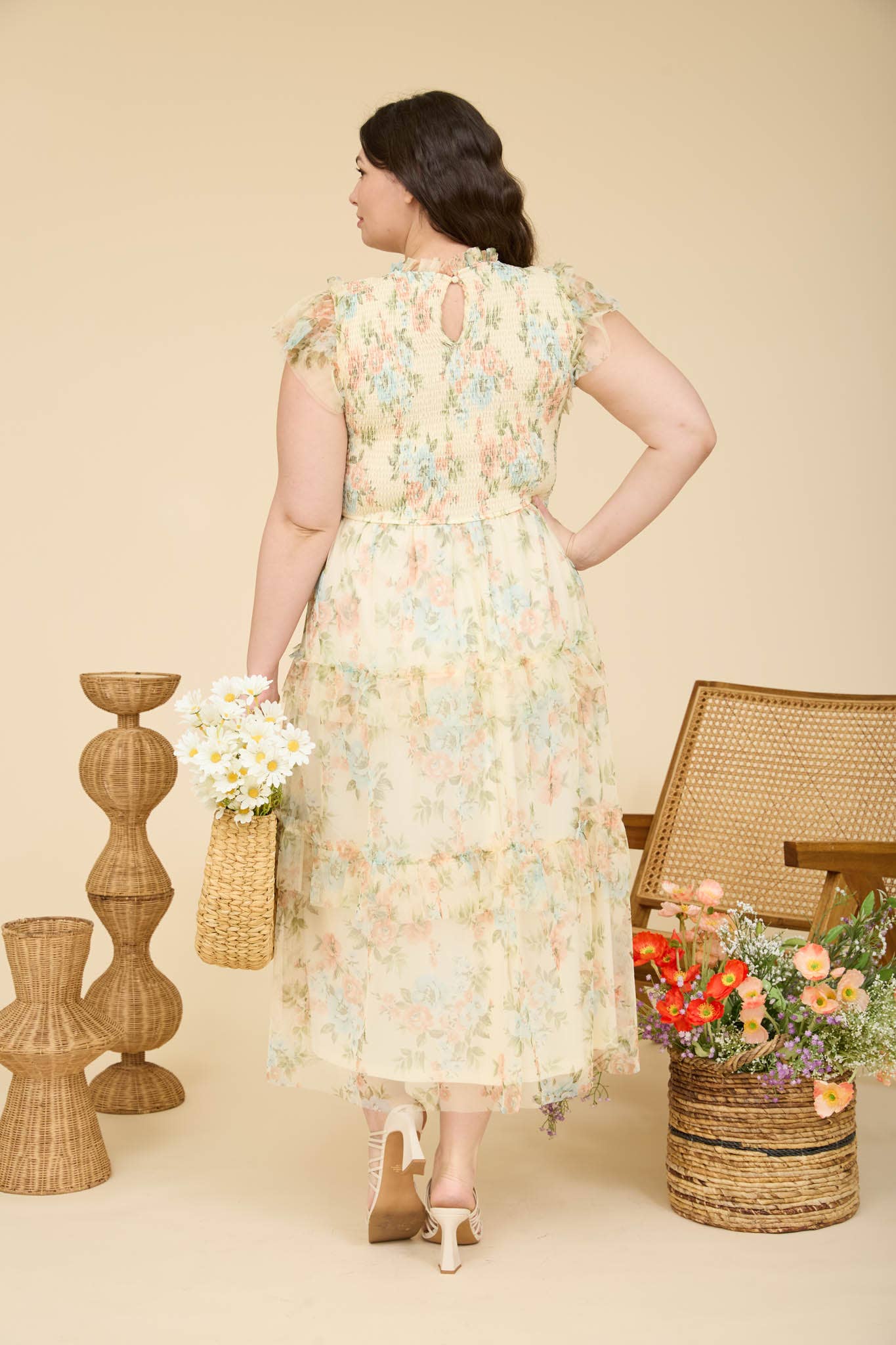 PLUS FLORAL TULLE PATTERN SMOCKED MIDI DRESS