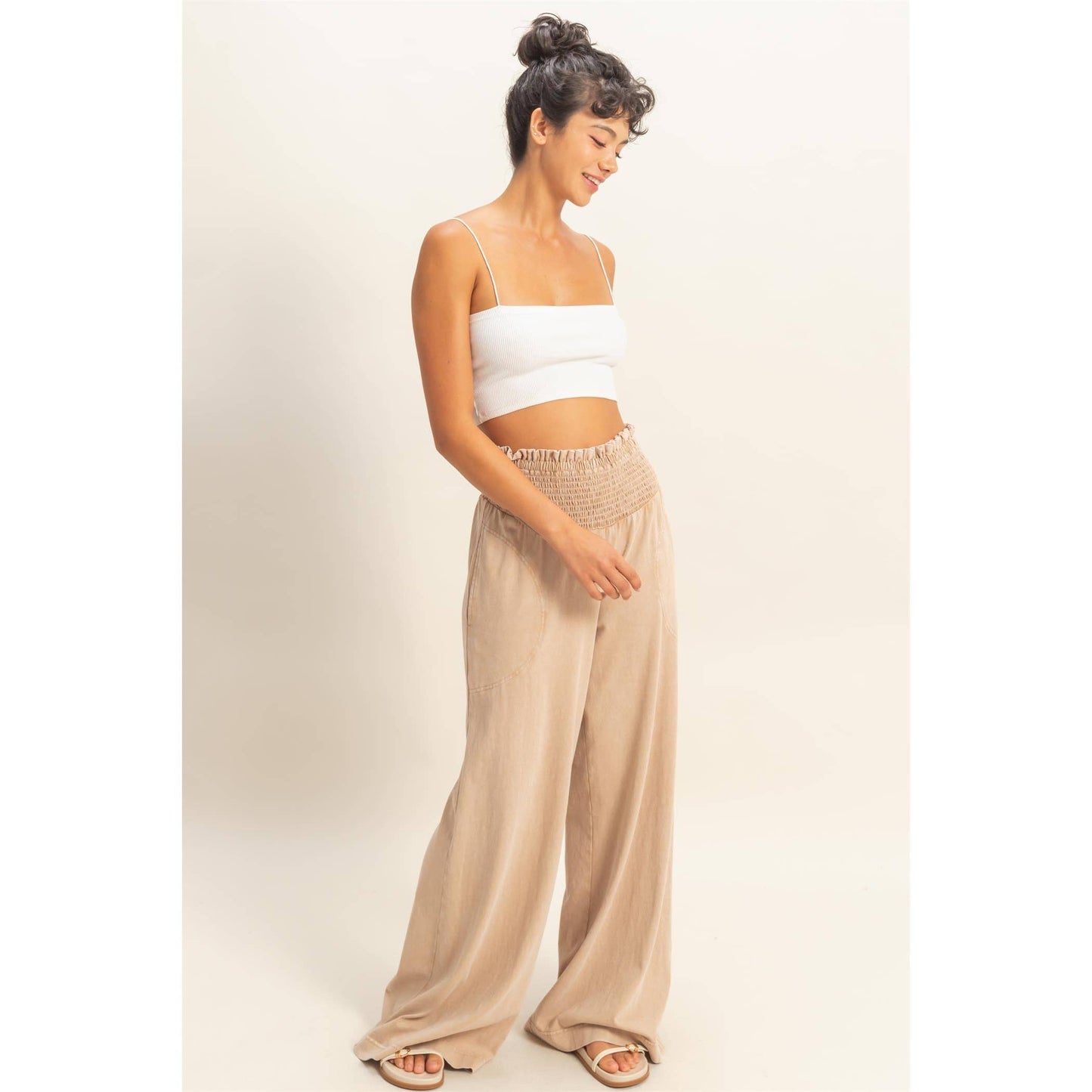 HYFVE - Mineral Washed Wide-Leg Smocked Waist Pants