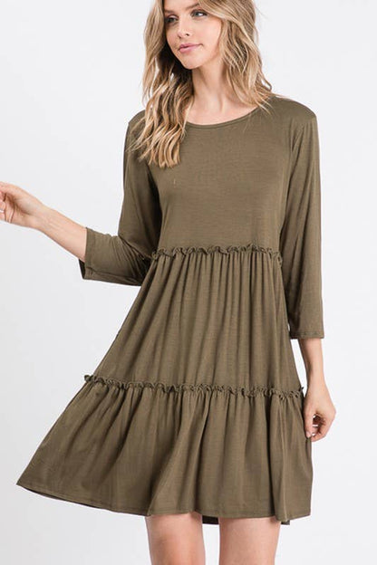 BLACK SOLID DRESS WITH RUFFLE DETAIL