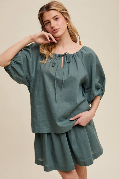 Listicle - Linen Puff Sleeve Blouse & Pleated Skirt Set