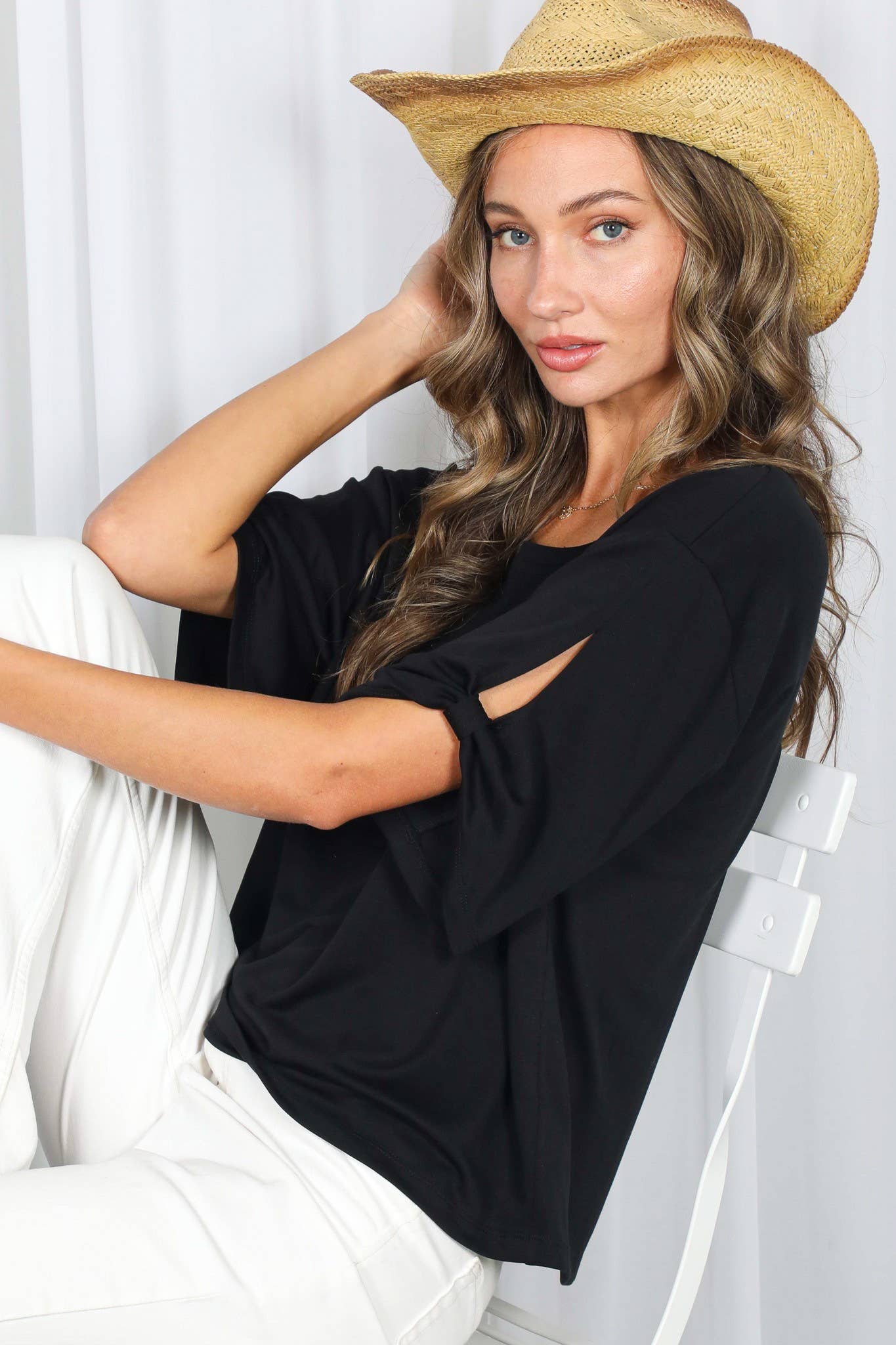 Vine & Love - Tie Accent Sleeve Soft Casual T-Shirt Top VT82907