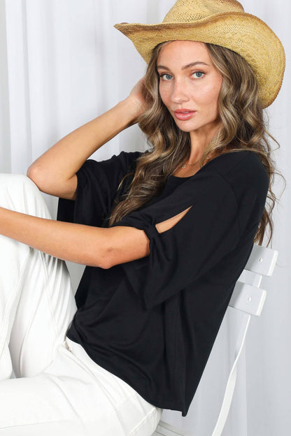 Vine & Love - Tie Accent Sleeve Soft Casual T-Shirt Top VT82907
