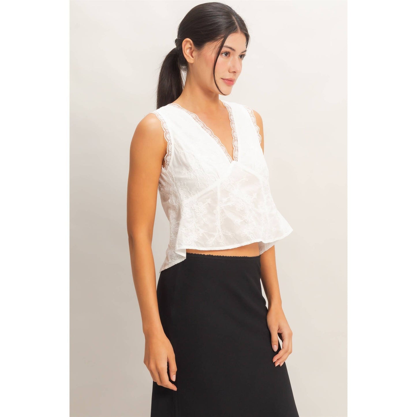 HYFVE - V-Neck Floral Lace Trim Top