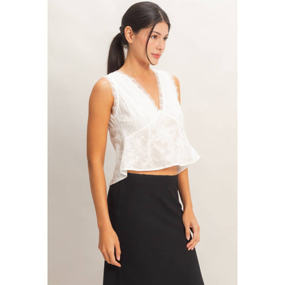 HYFVE - V-Neck Floral Lace Trim Top