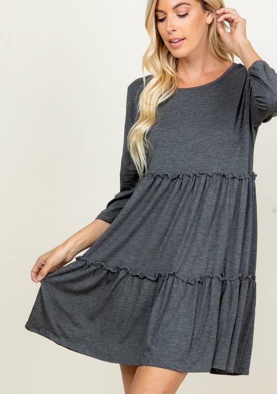 BLACK SOLID DRESS WITH RUFFLE DETAIL