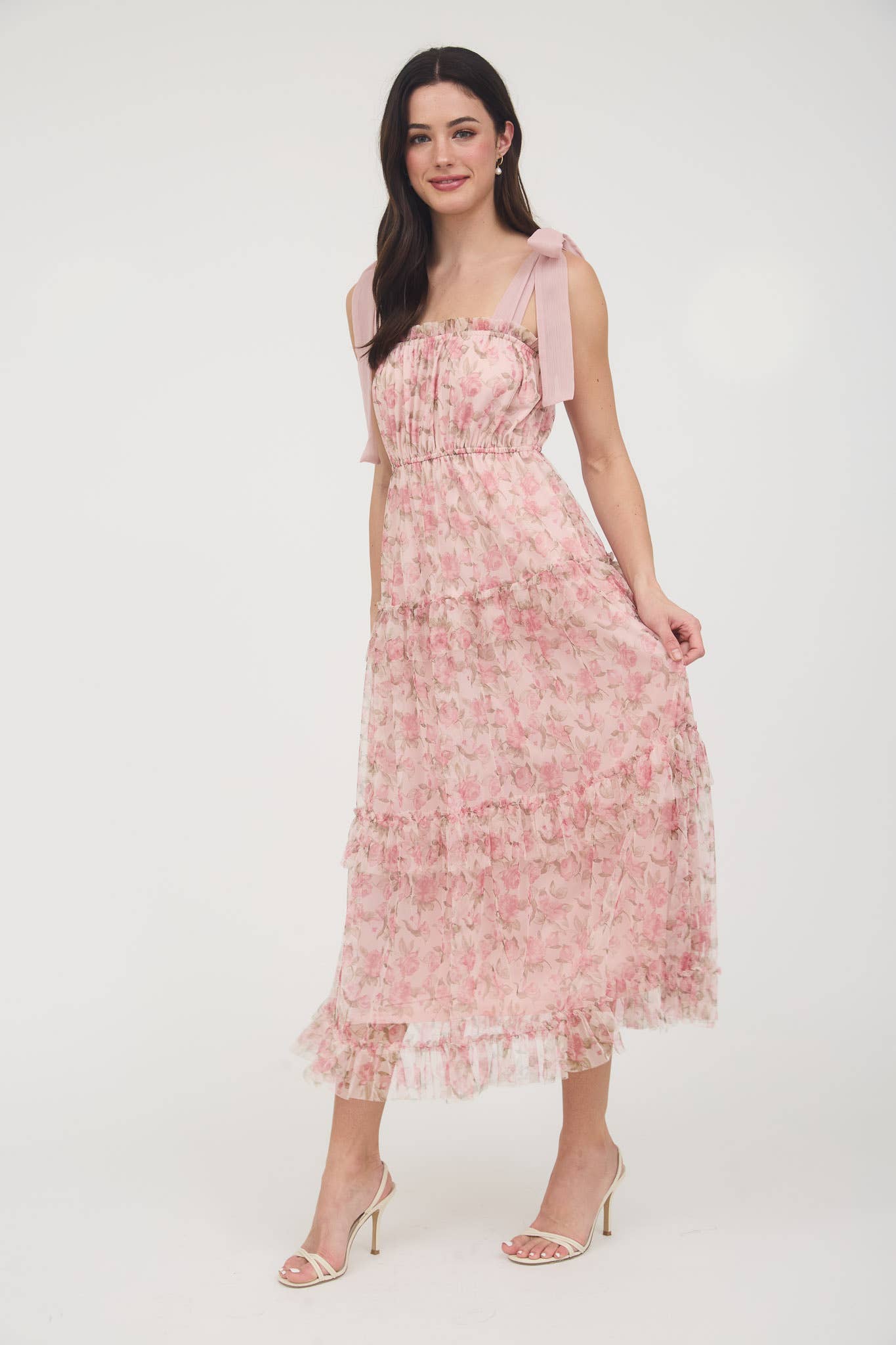 FLORAL TIE STRAP RUFFLE TRIM TIERED MAXI DRESS