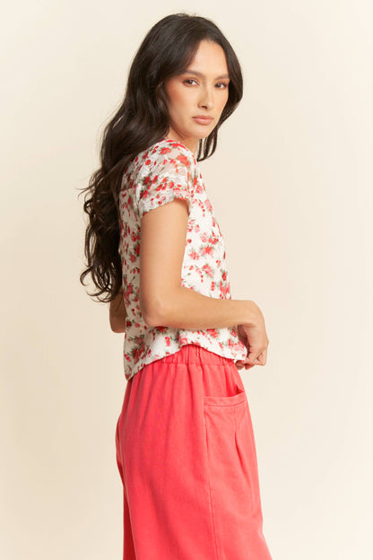 Davi & Dani - PLUS RIBBON SHORT SLEEVE LAYERED MESH TOP