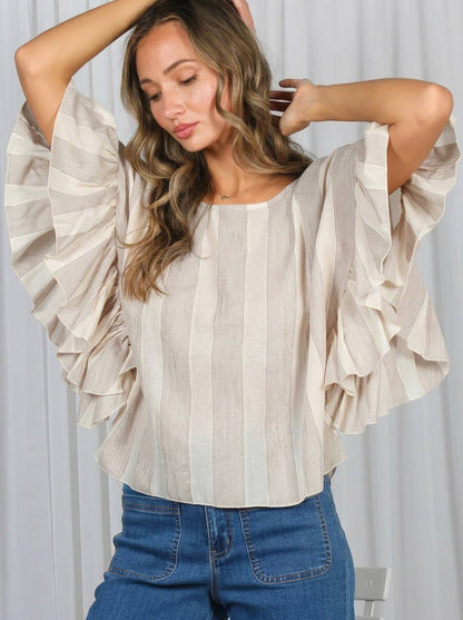 Wild Ruffle Embellished Sleeve Flowy Striped Top