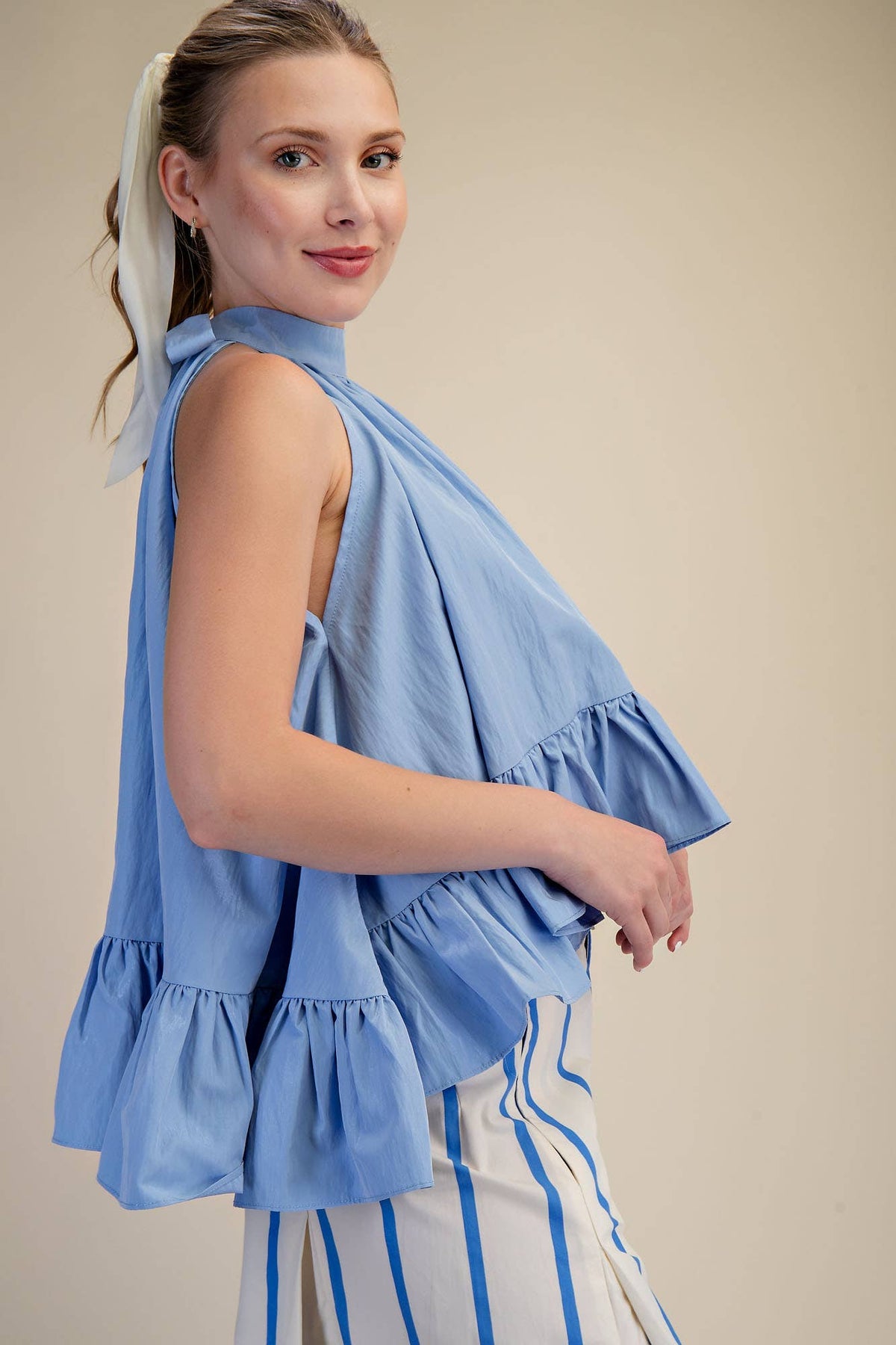 Glam - Halter Neck Sleeveless Back Neck Tie Ruffle Top