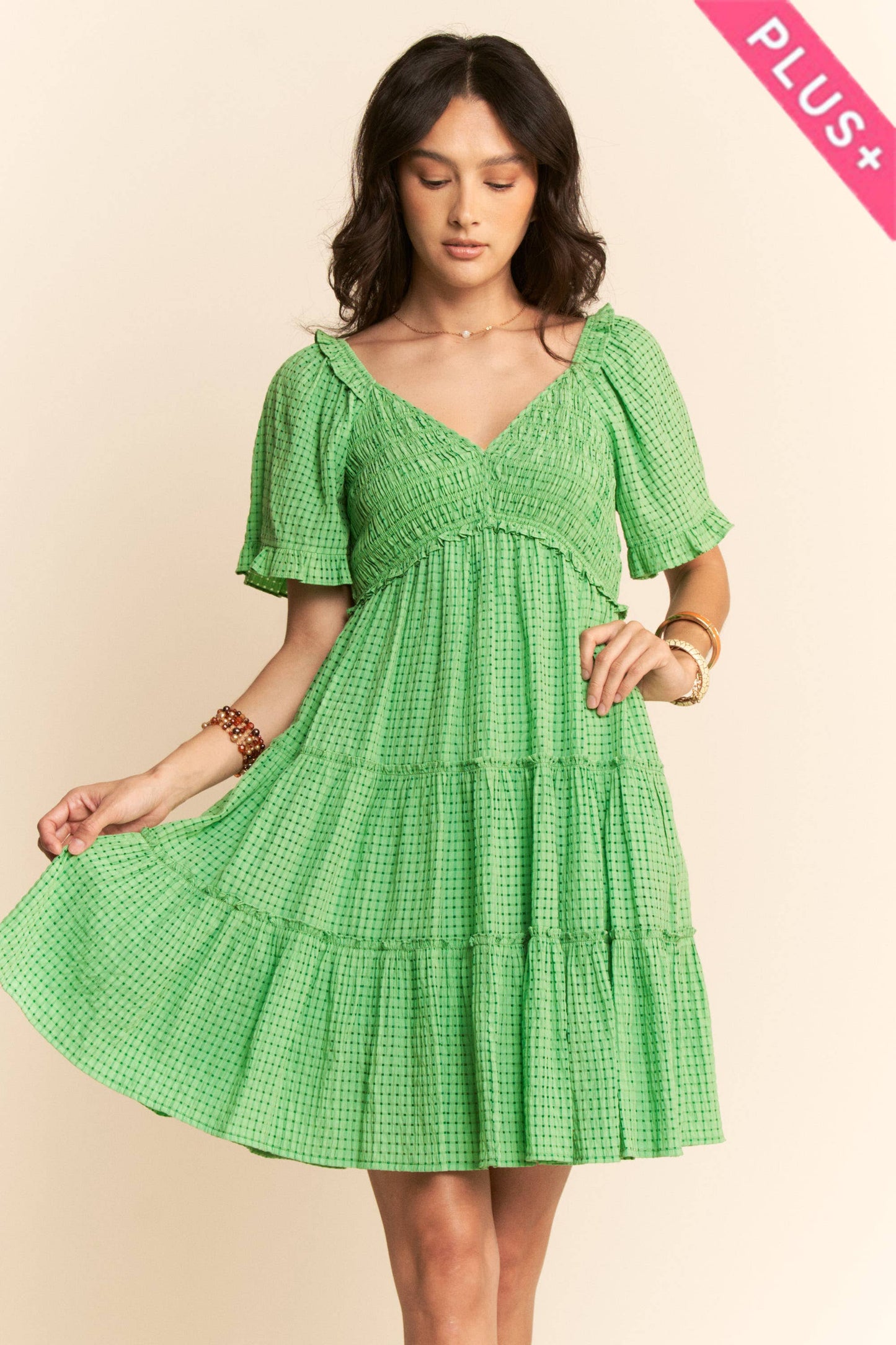PLUS SMOCKING BODICE RUFFLE SLEEVE TIERED DRESS