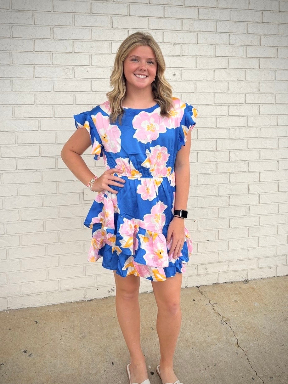 Asymmetrical Satin Ruffle Tier Short Dress