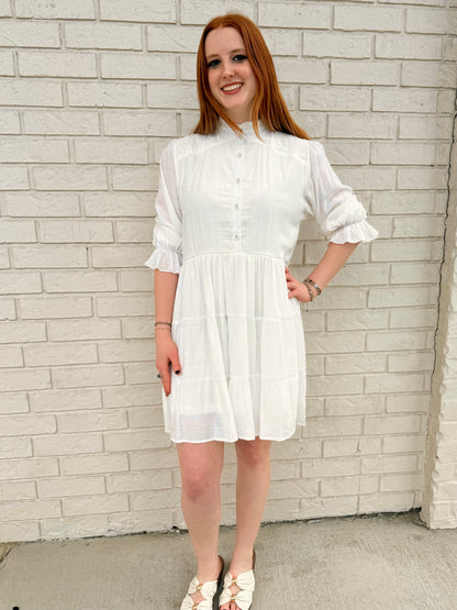 Tiered puff sleeve button-front mini dress