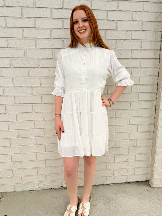 Tiered puff sleeve button-front mini dress