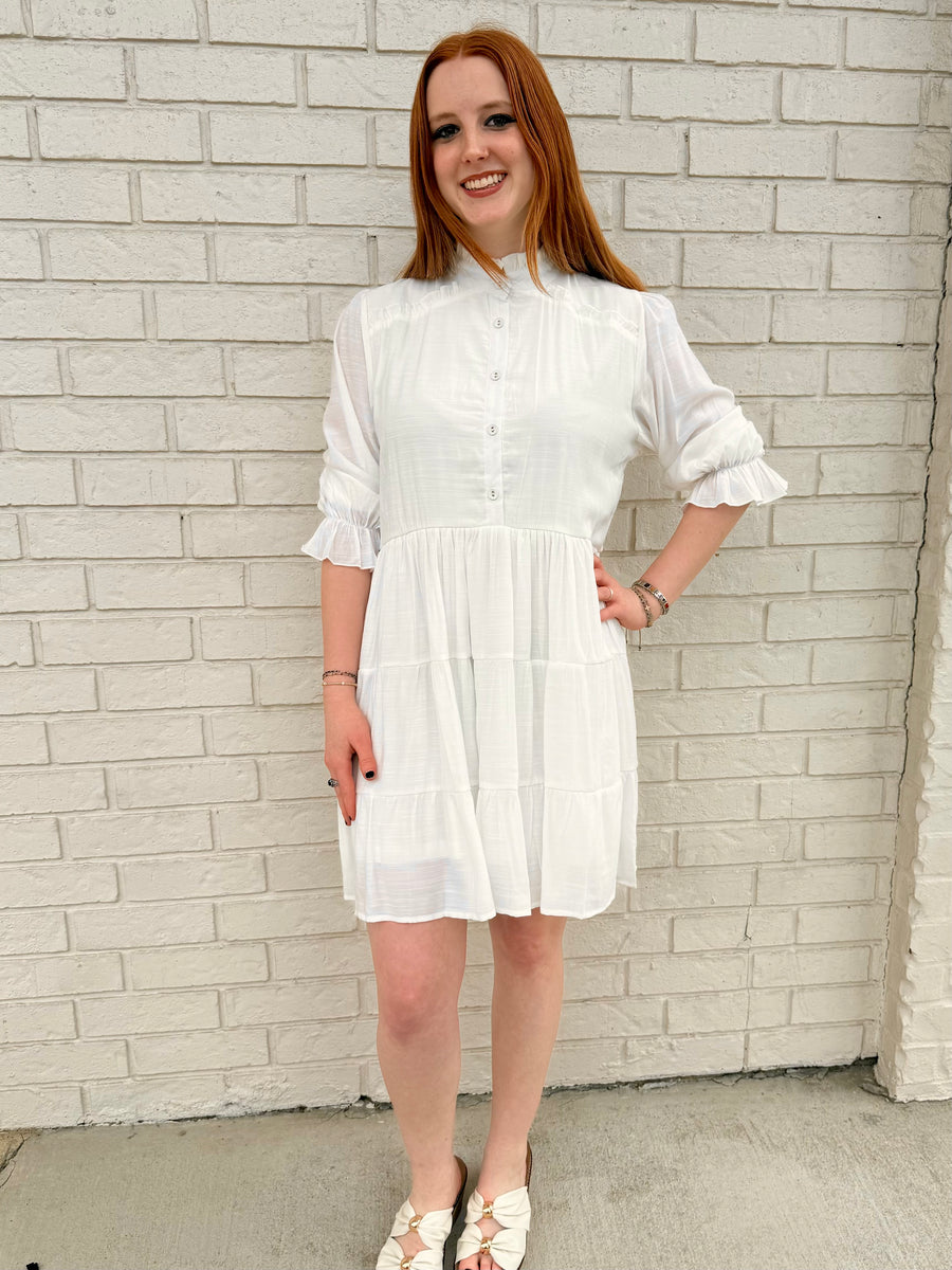 Tiered puff sleeve button-front mini dress