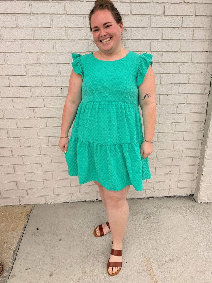Texture Jacquard round neck tiered dress with back button
