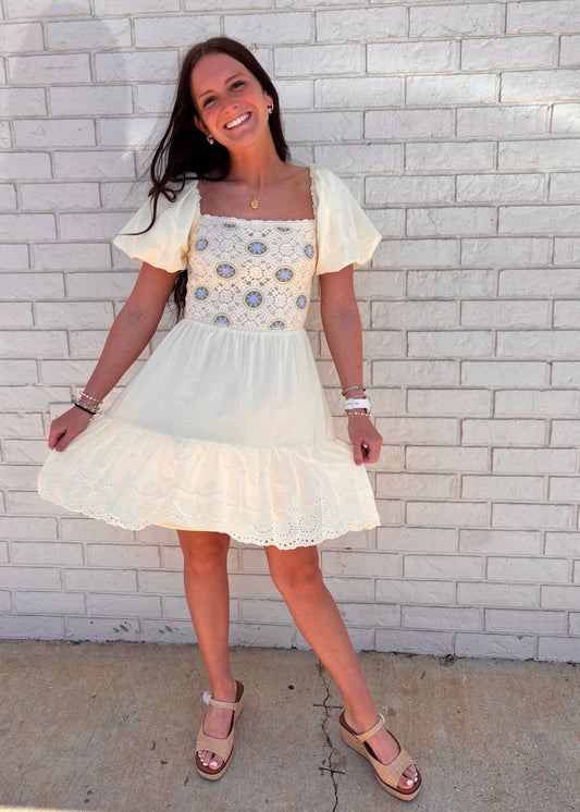 Cream Spring Dress with Green & Blue Accents