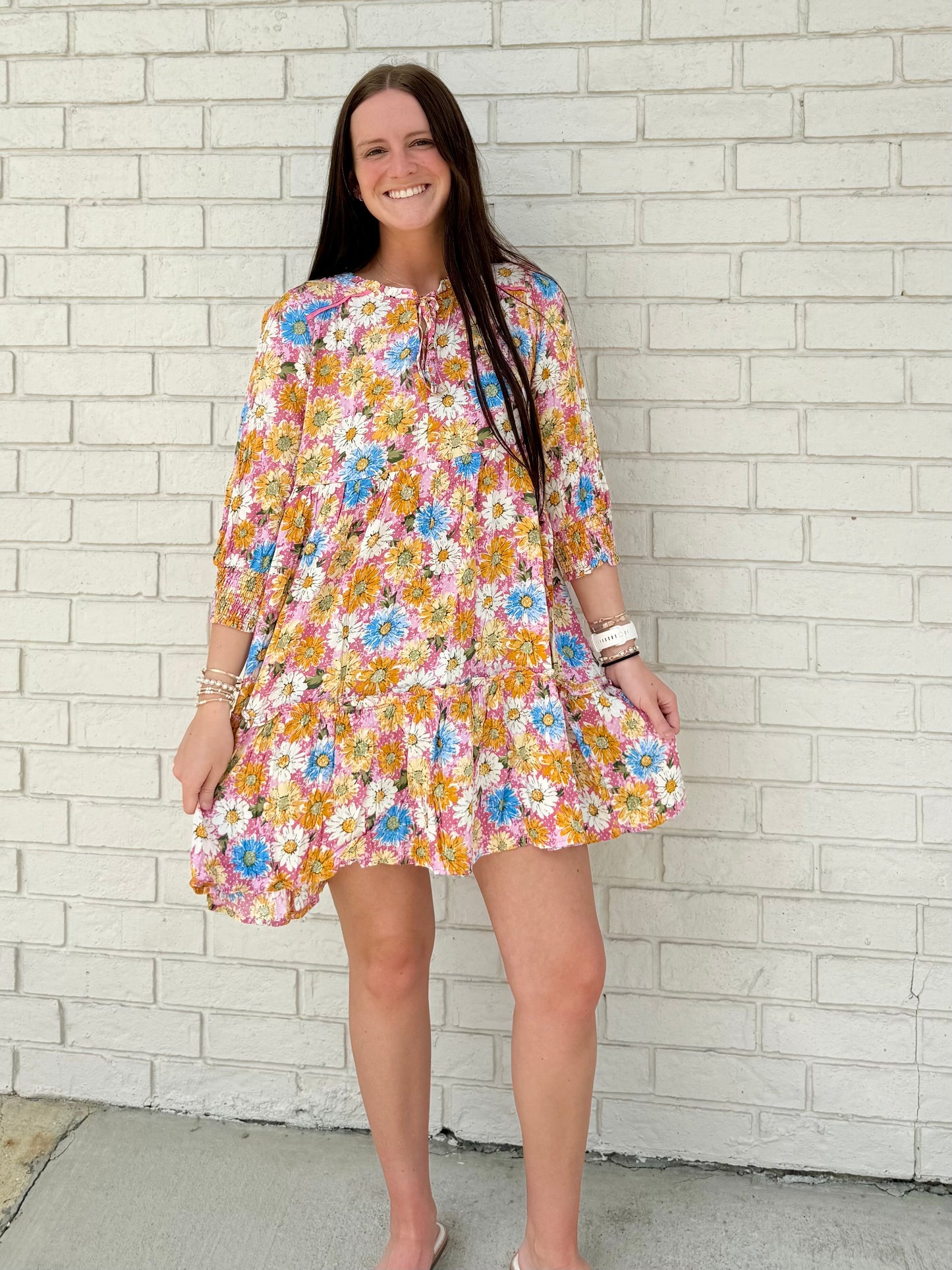 Flower Print Ruffle Tiered Mini Dress with V-Neck Ruffle, Front Tie & Piping