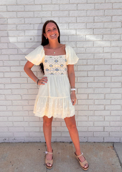 Cream Spring Dress with Green & Blue Accents
