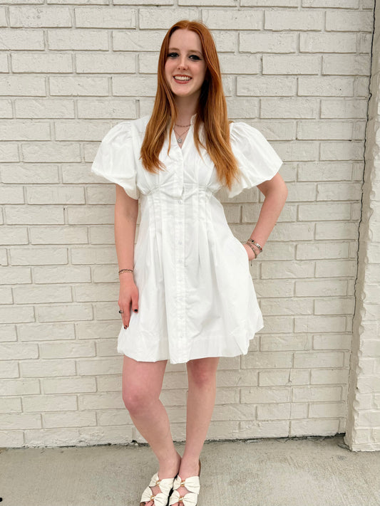pleated short sleeve dress with bubble sleeve