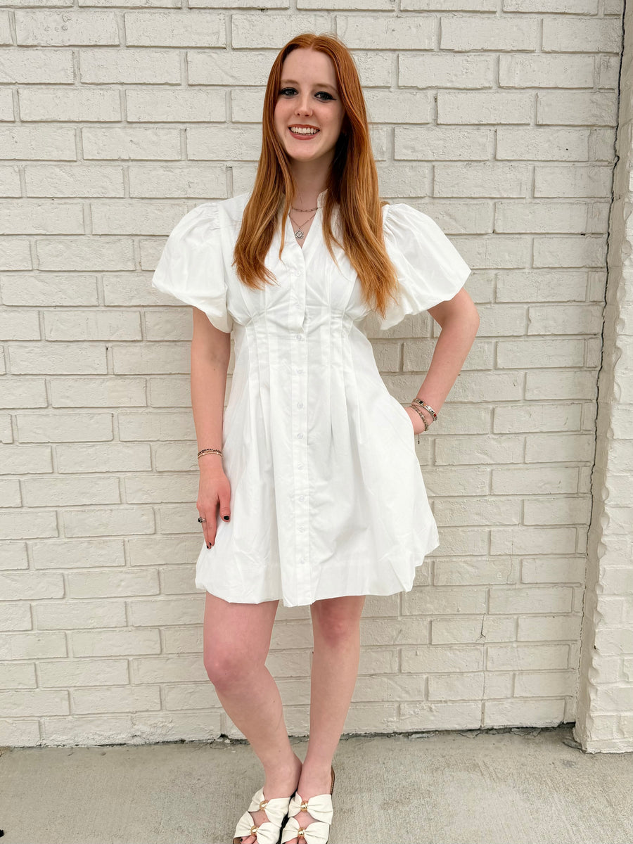 pleated short sleeve dress with bubble sleeve
