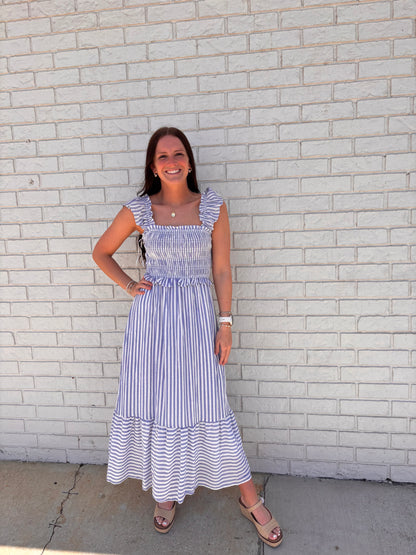STRIPE SMOCKED RUFFLE TRIM MIDI DRESS