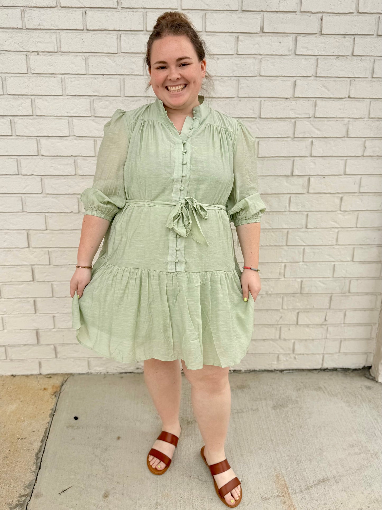 Sage Green Mandarin Collar Fabric Button Down Dress with Short Puff Sleeves & Front Tie Belt