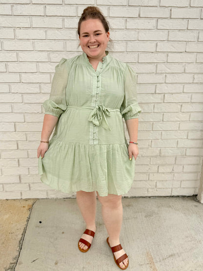 Sage Green Mandarin Collar Fabric Button Down Dress with Short Puff Sleeves & Front Tie Belt