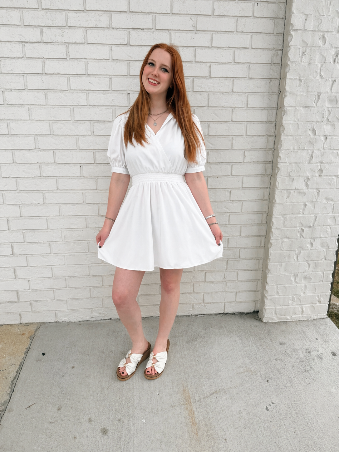 puff sleeve smocked waist mini dress