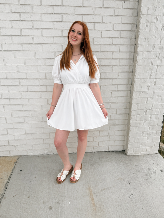 puff sleeve smocked waist mini dress