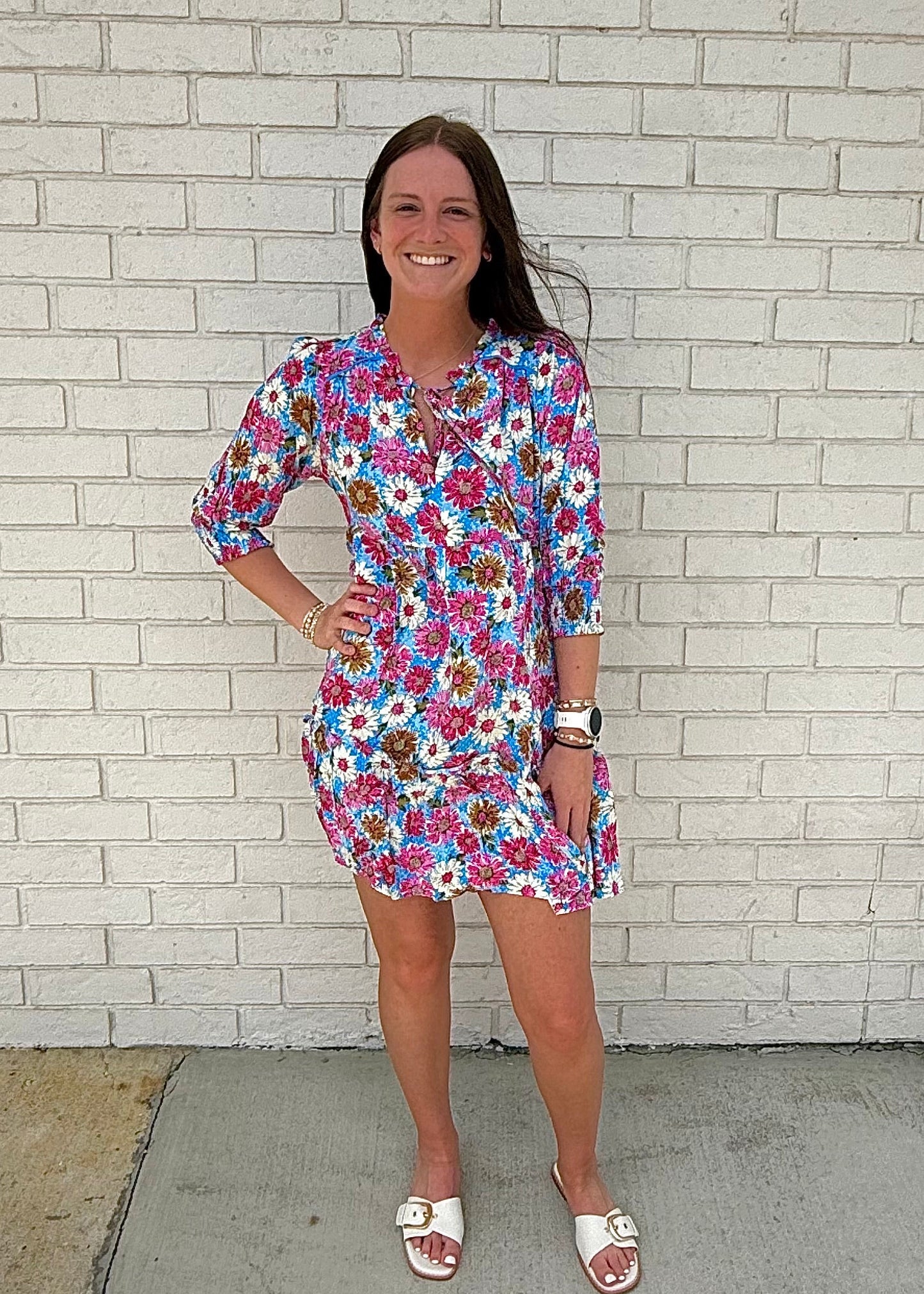 Flower Print Ruffle Tiered Mini Dress with V-Neck Ruffle, Front Tie & Piping