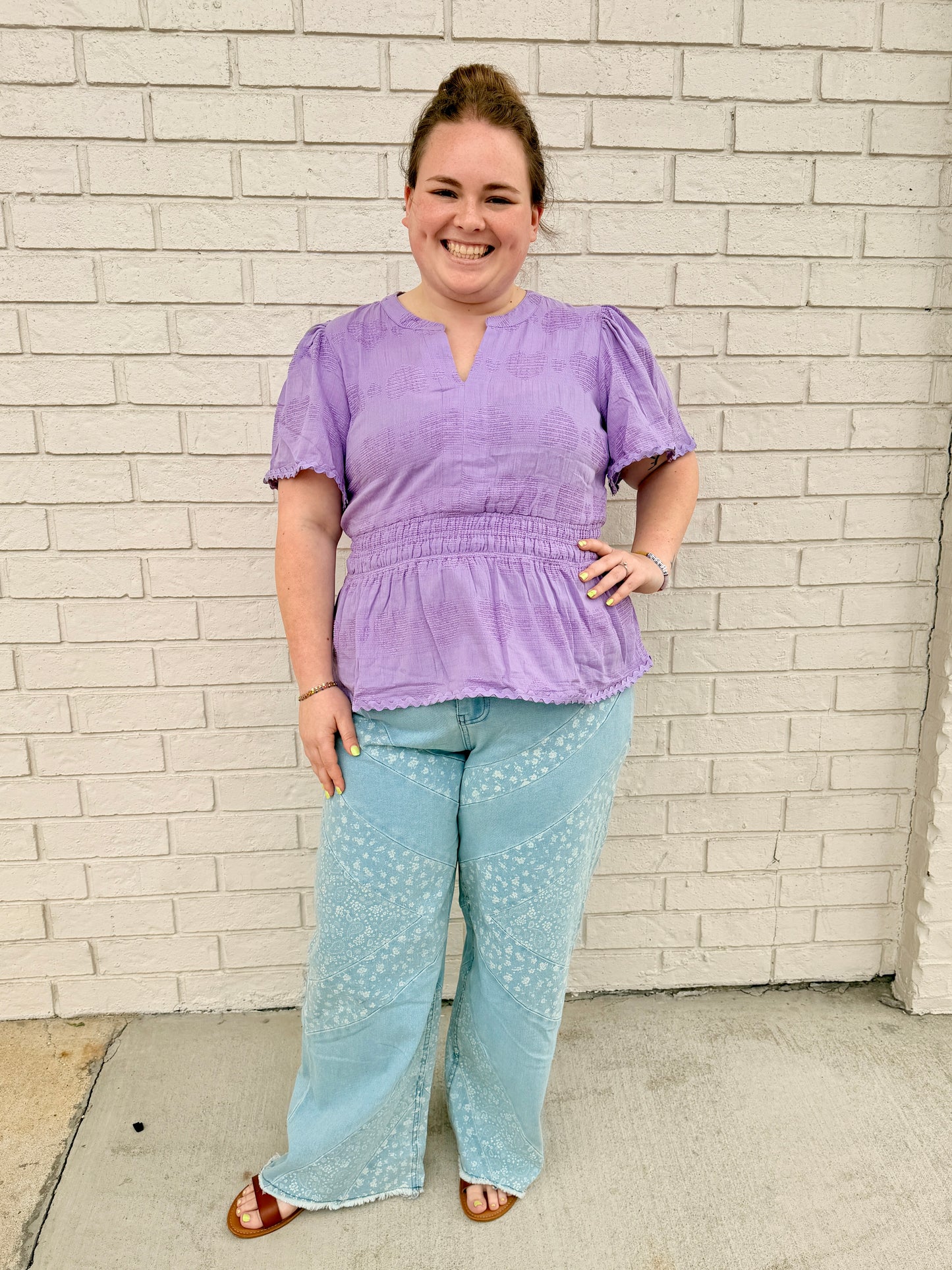 Purple Textured Smocked Peplum Blouse