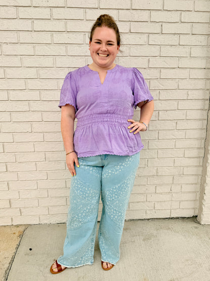 Purple Textured Smocked Peplum Blouse