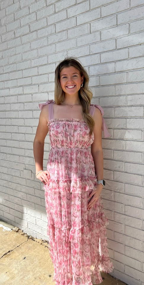 FLORAL TIE STRAP RUFFLE TRIM TIERED MAXI DRESS