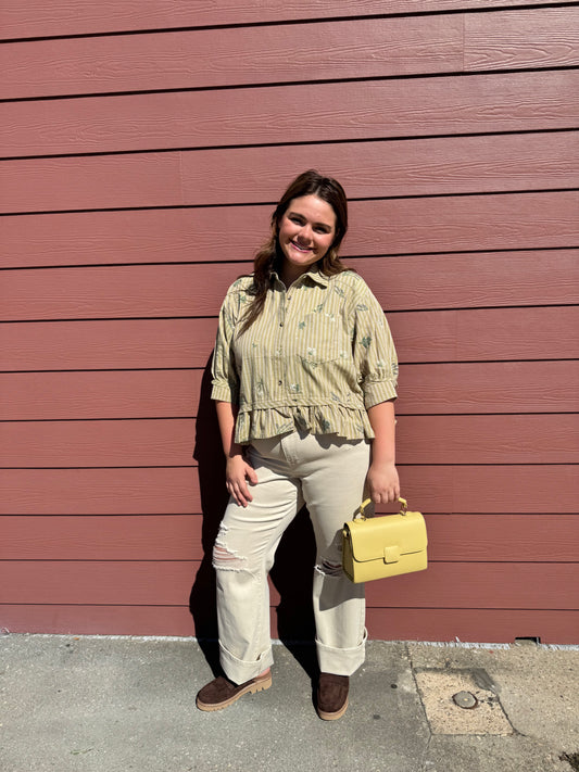 Striped olive embroidered flower top