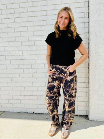 Black Tree Camo Wide Legged Jeans