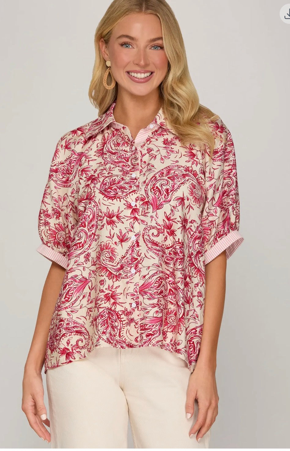 short sleeve button down printed top