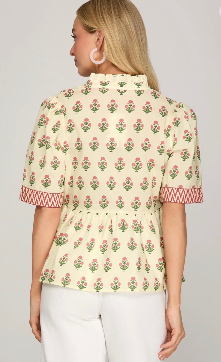 Woven print top with trim detail on sleeve