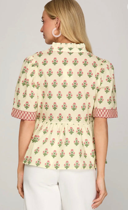 Woven print top with trim detail on sleeve