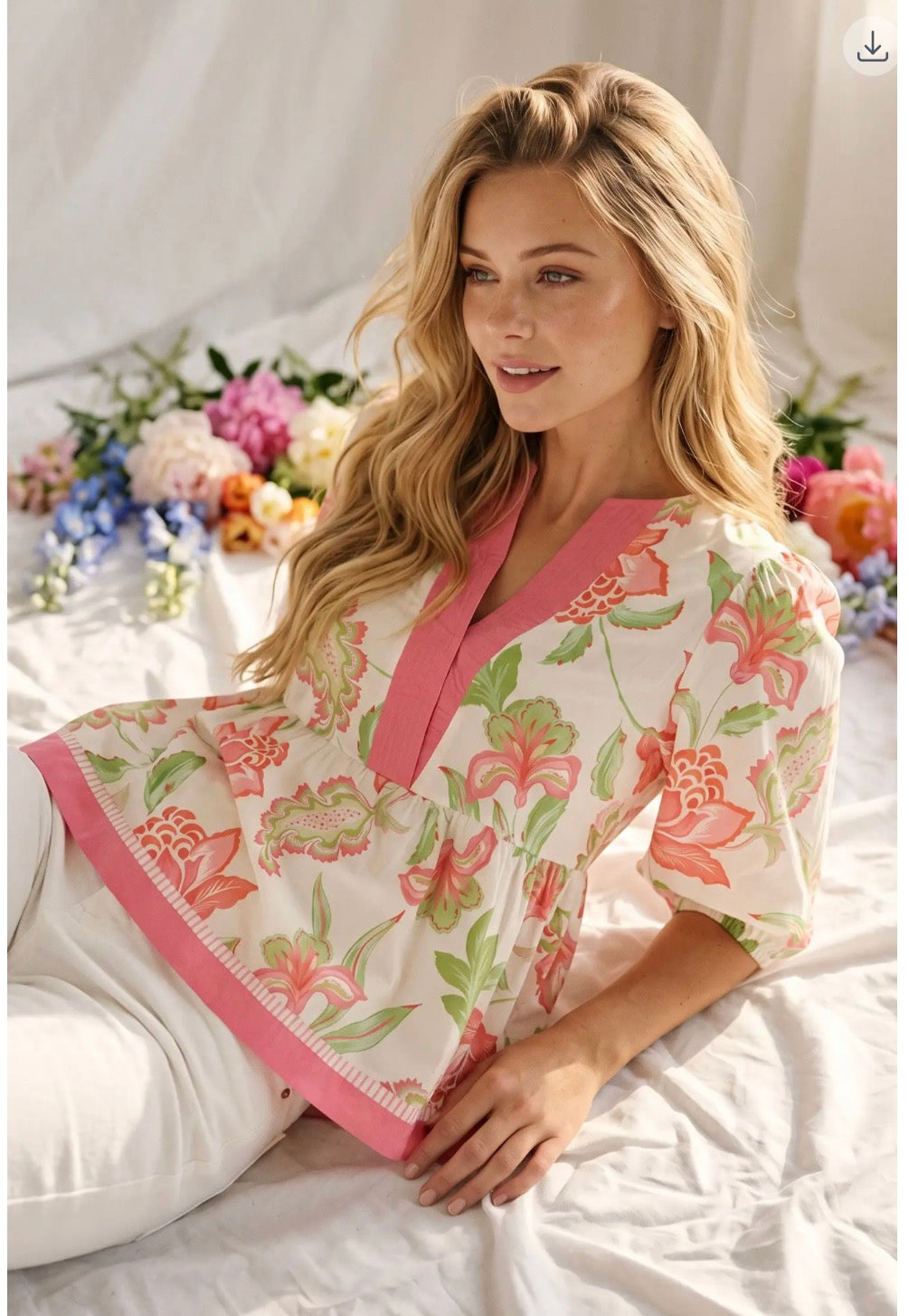 floral print split neck peplum blouse