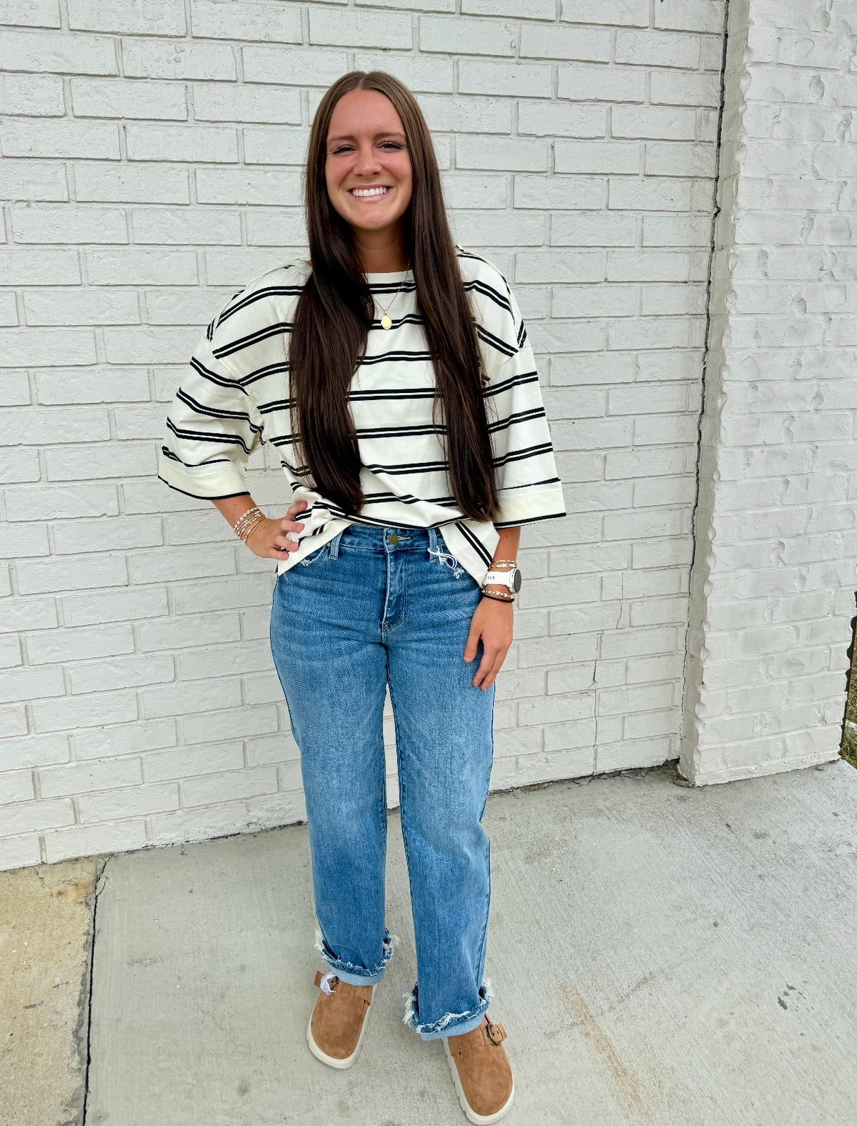 STRIPE RAW EDGE CUFF SLEEVE OVERSIZED KNIT TOP