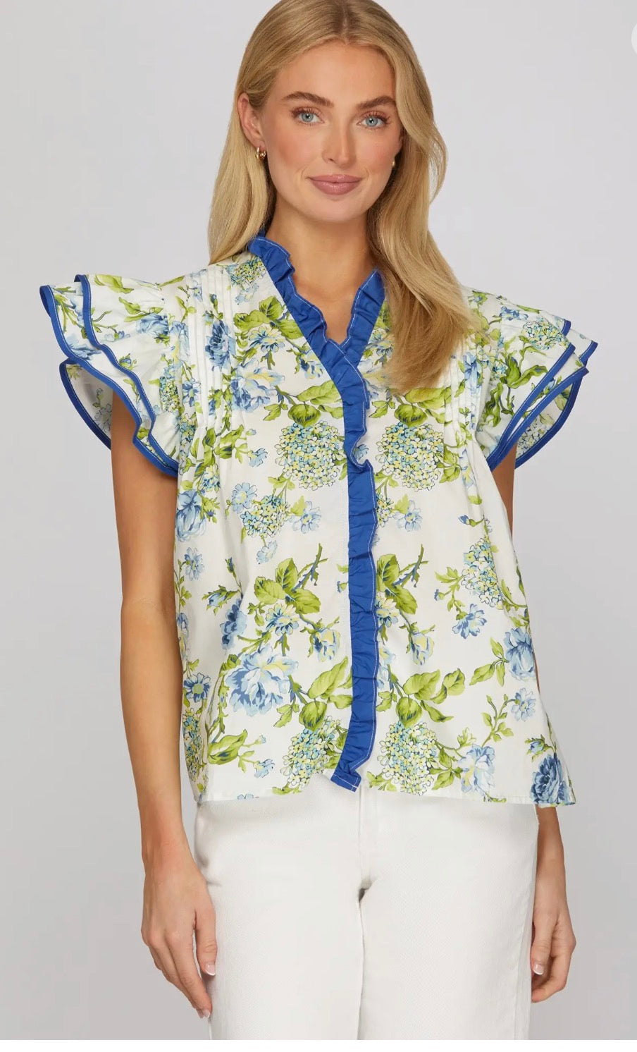 Blue ruffle sleeve ruffled button down