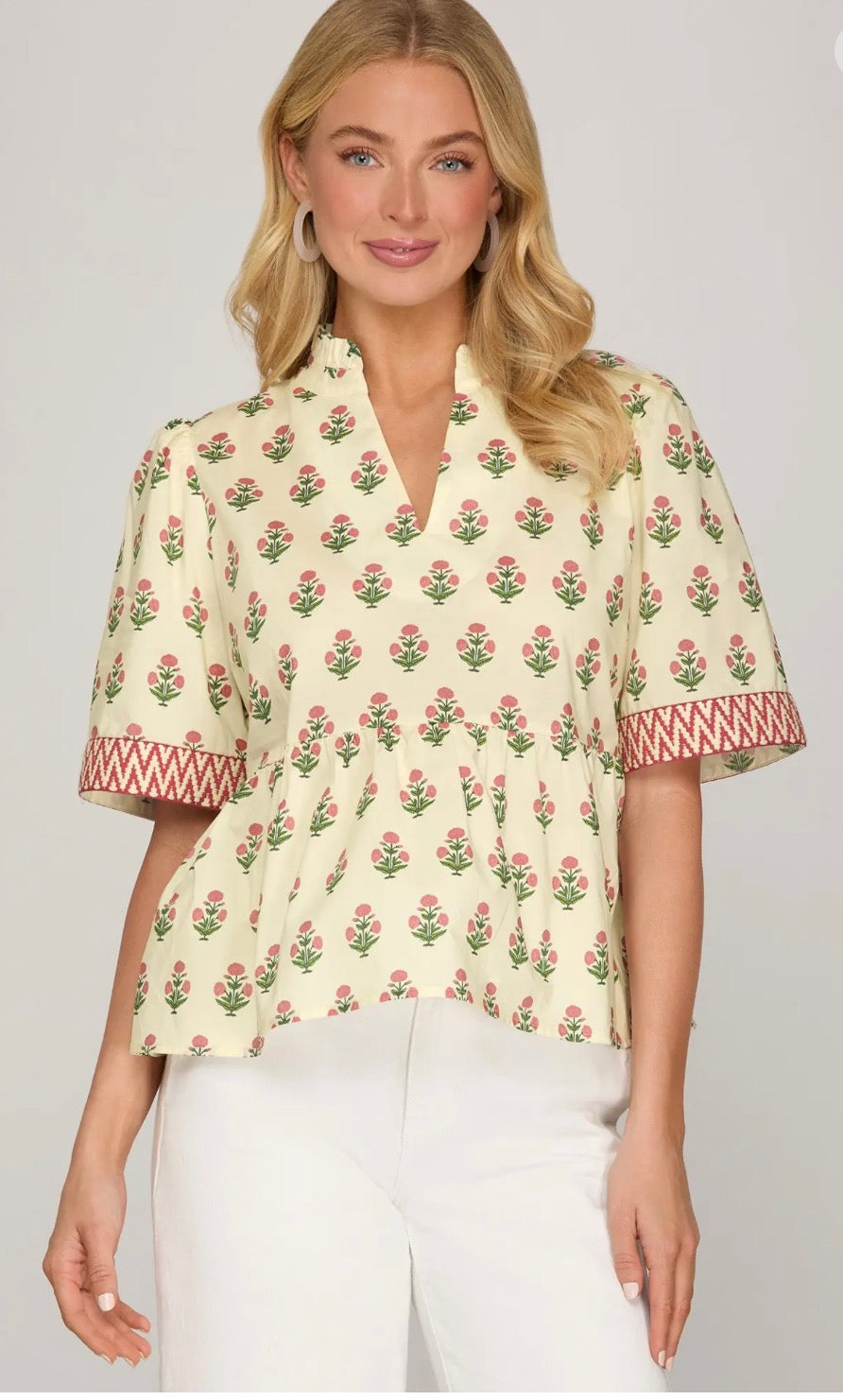 Woven print top with trim detail on sleeve