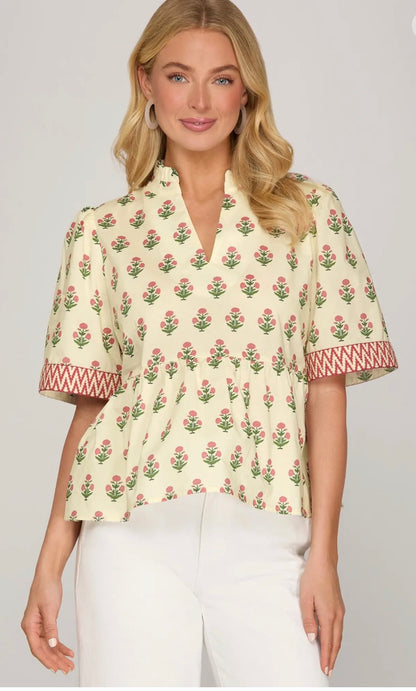 Woven print top with trim detail on sleeve