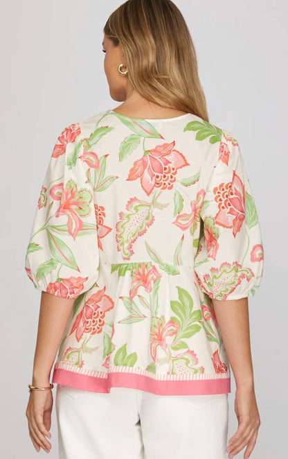 floral print split neck peplum blouse