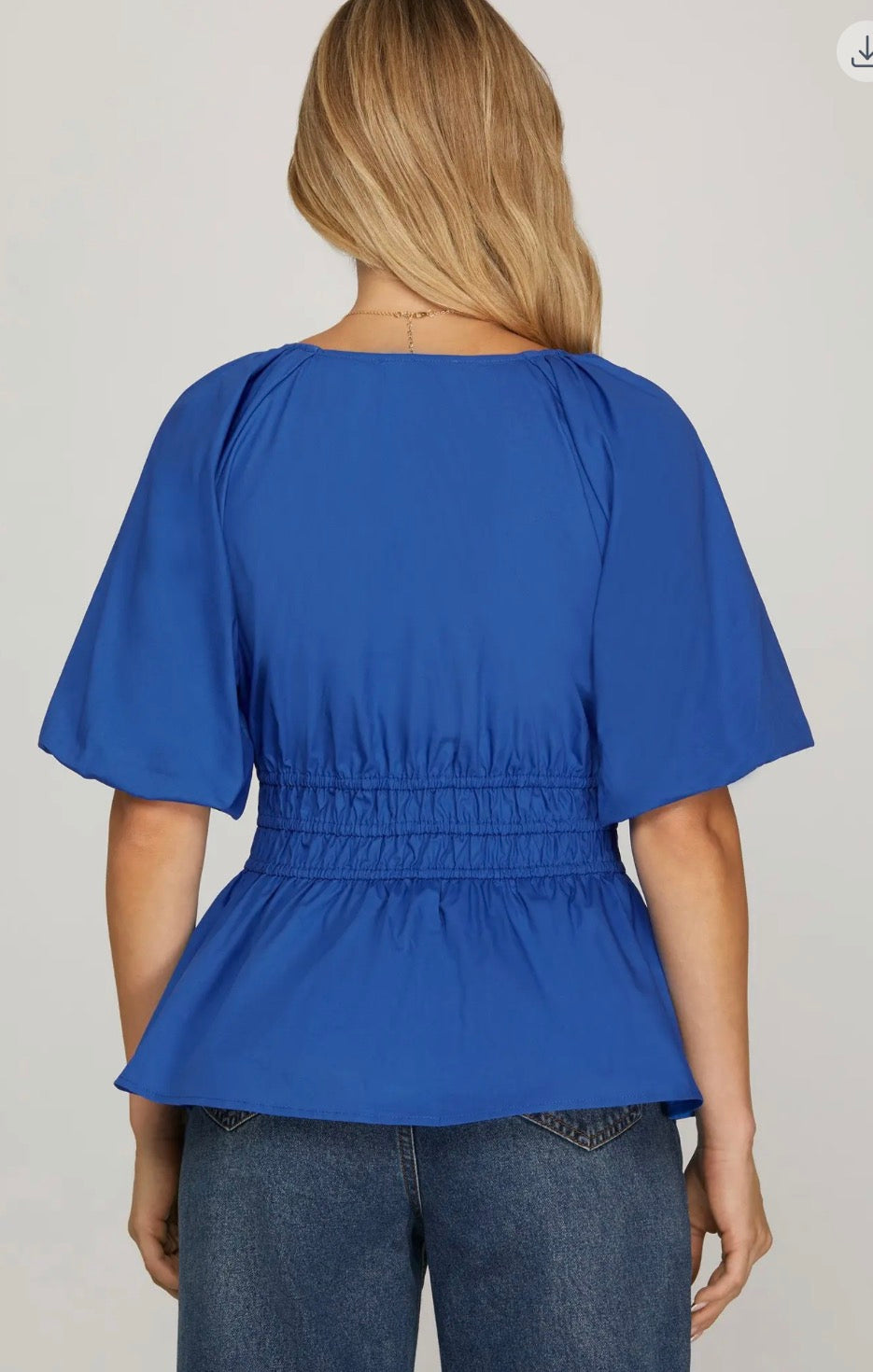 bubble sleeve V neck woven top with elastic band