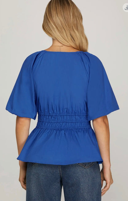 bubble sleeve V neck woven top with elastic band