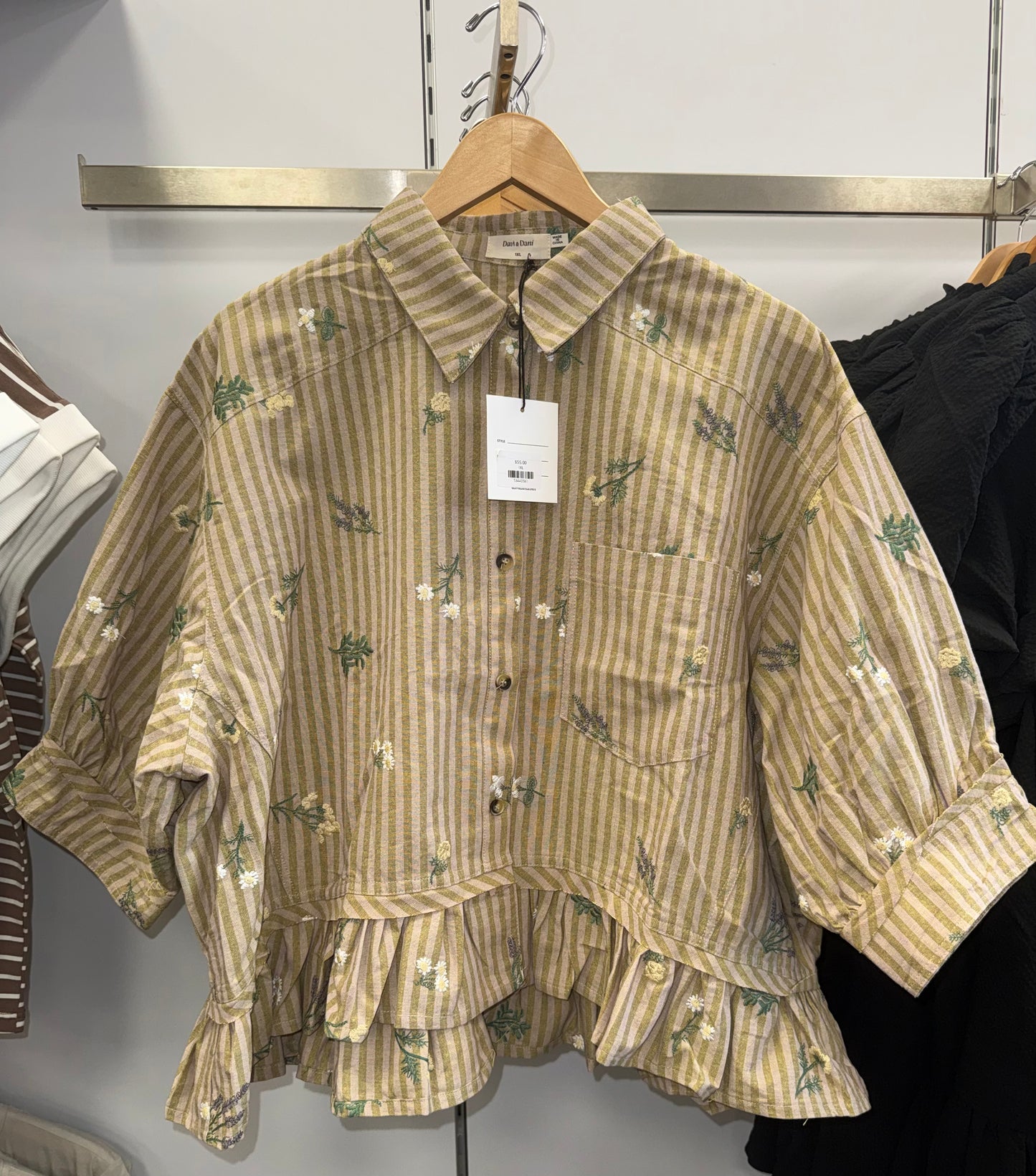 Striped olive embroidered flower top