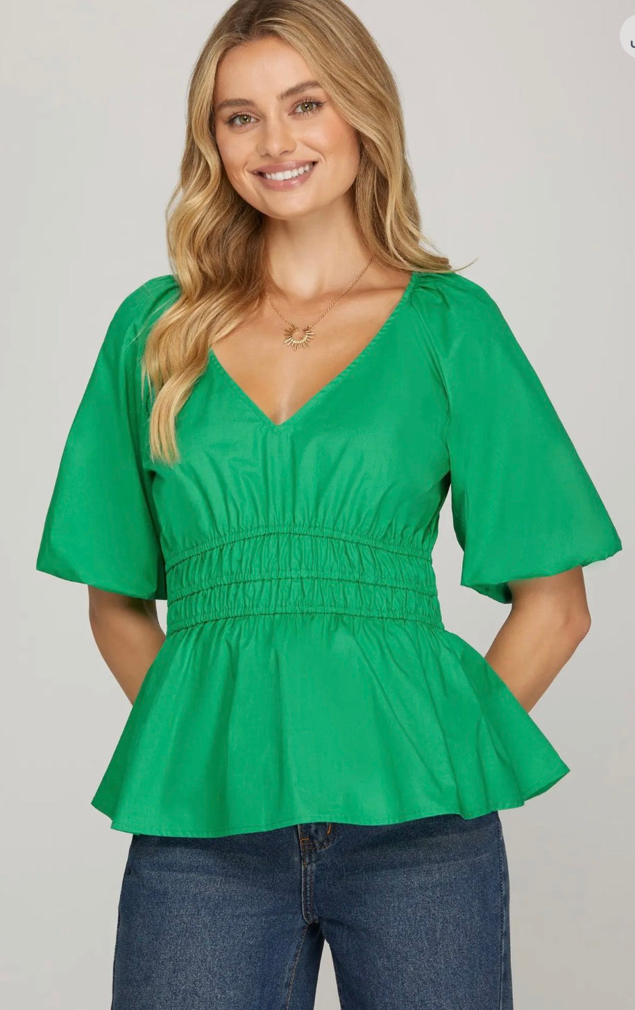 bubble sleeve V neck woven top with elastic band