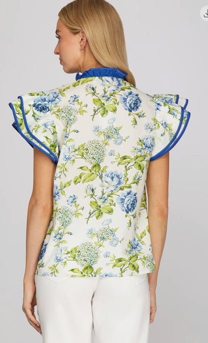 Blue ruffle sleeve ruffled button down
